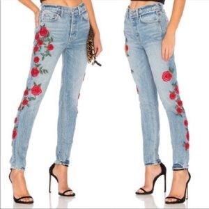 GRLFRND Karolina High Rose Floral Rose Embroidered Jeans